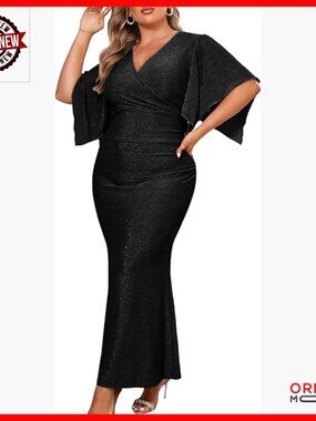 Plus Size Sparkly Maxi Dress Formal Evening Gown V-Neck Wrap Sleeves
